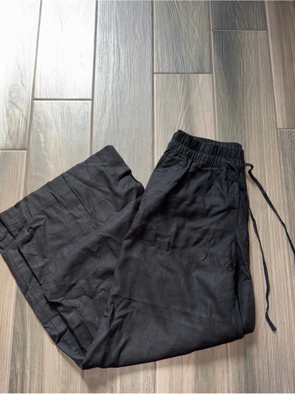 Black Elastic-Waist Drawstring Linen Pants
